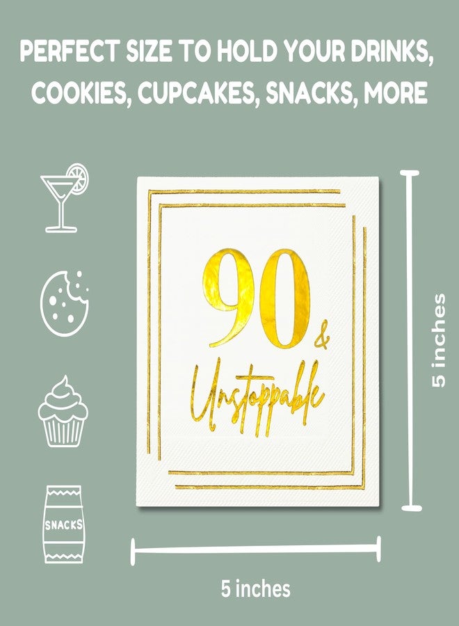 Cloverjoyed 90th Birthday Cocktail Napkins, Gold 90 Years Old Bday Party Decorations, "90 & Unstoppable" Disposable Paper Napkin Decor for Men & Women, Milestone Celebration Fabulous Gift Ideas, 50 Pack - Image 3